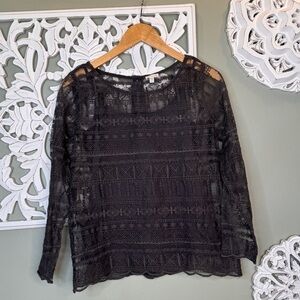 Garnet Hill Embroidery Sheer Tank Long Sleeve Size 6 Charcoal Gray